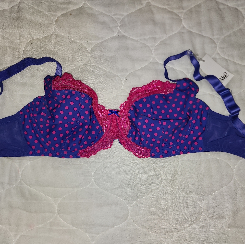 Pour Moi Tease Plunge Underwired Bra Spotted Blue US 32I, UK 32G